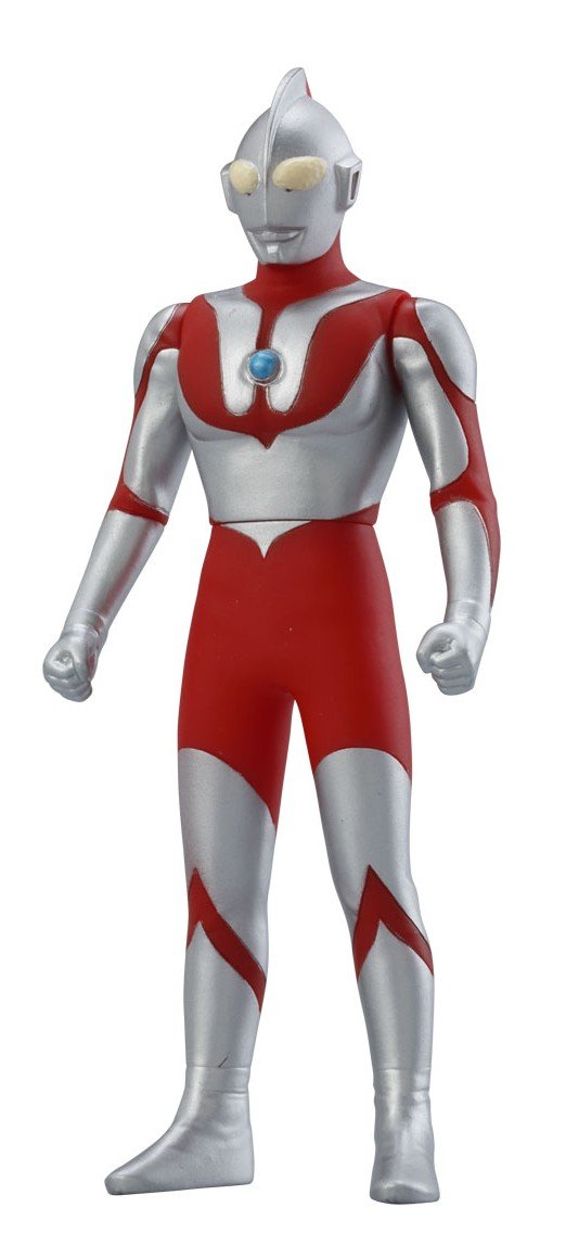 Bandai Ultraman sofubi figure with foot badge enabling interactive play and display.