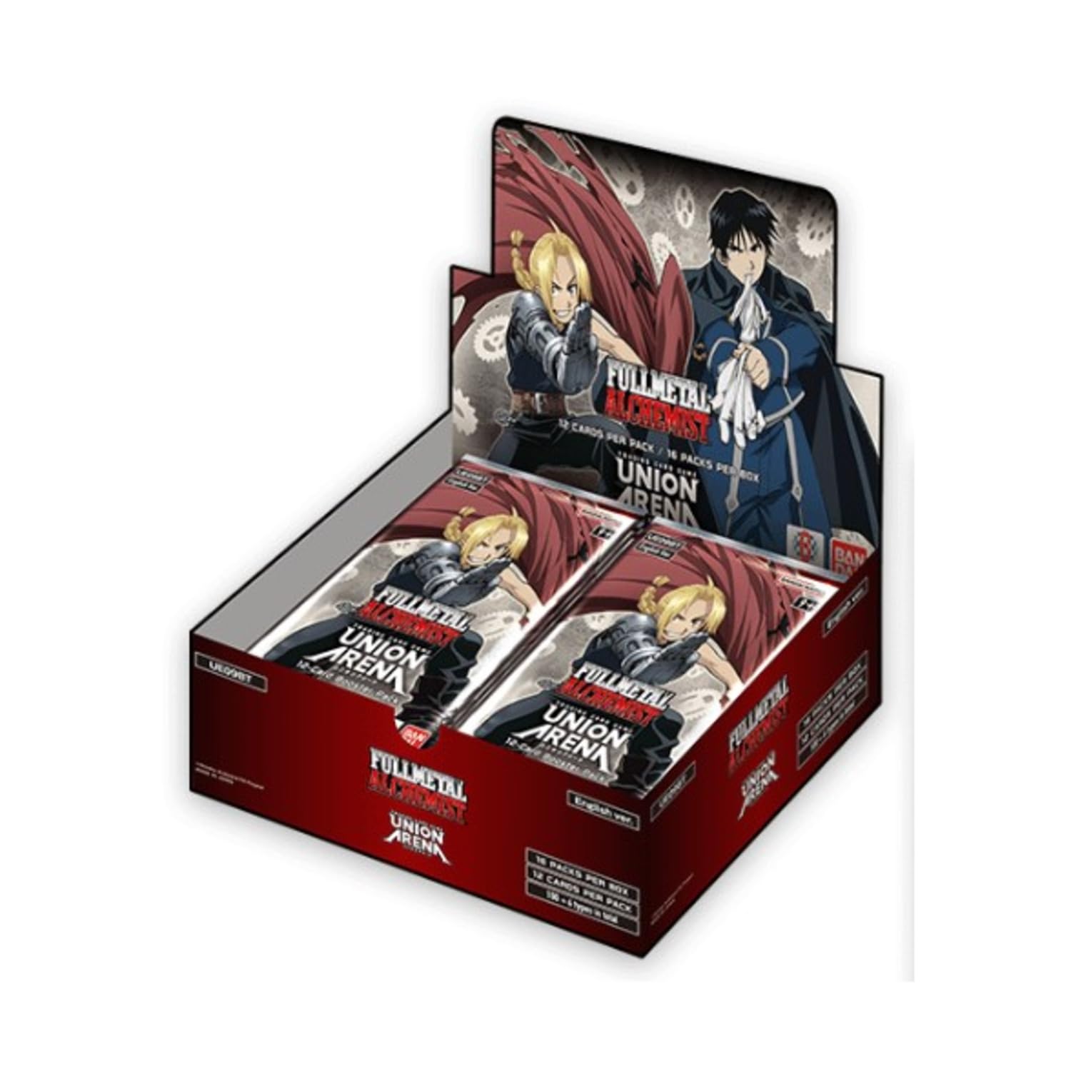 Bandai Union Arena booster display featuring Full Metal Alchemist cards for collection and gameplay