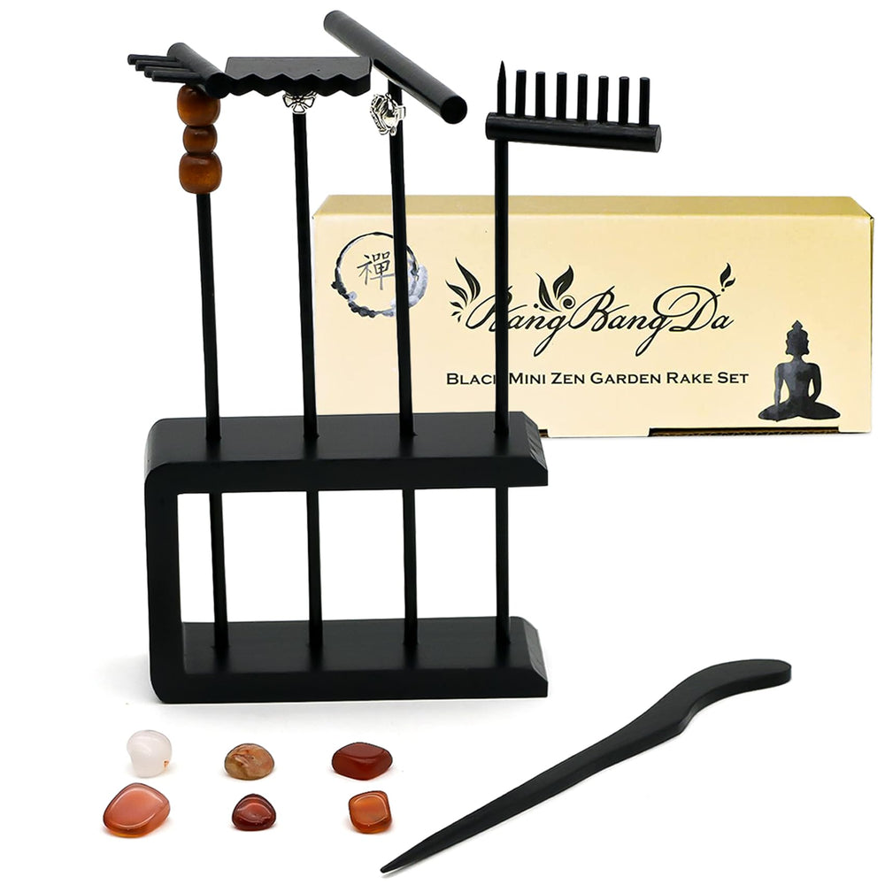BangBangDa black bamboo rakes with a storage stand kept on a tidy desk
