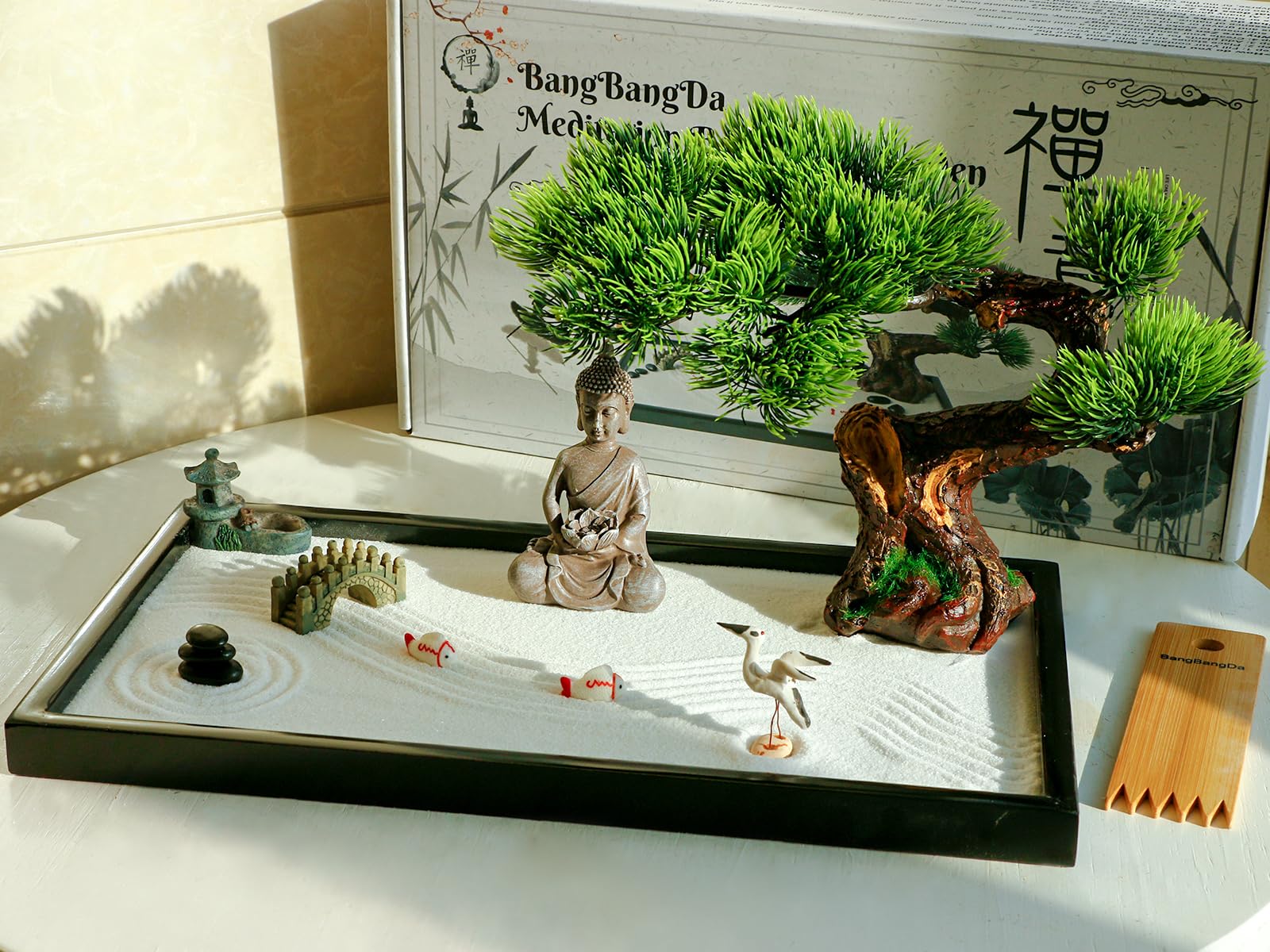BangBangDa Zen Garden Kit Buddha figure and bridge for tranquil desk meditation