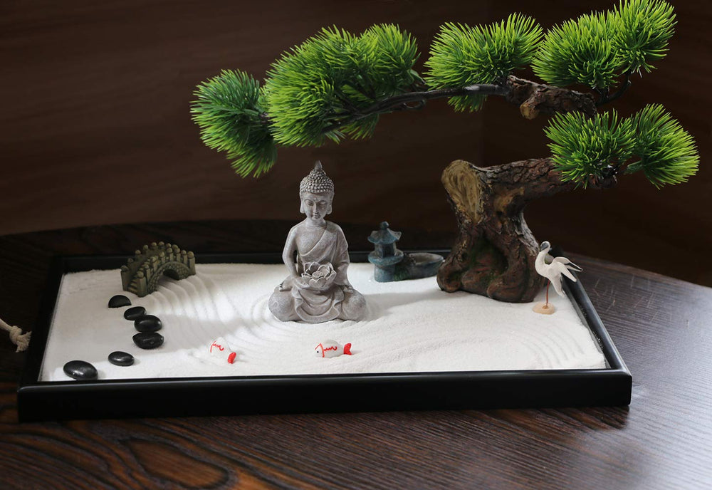 BangBangDa Zen Garden Kit decorative tray anchors a quiet workspace