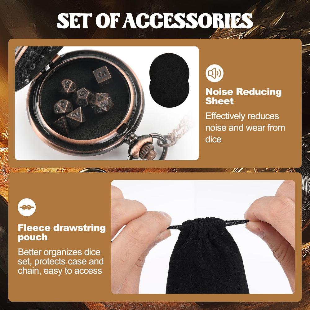 Banloga copper-toned polyhedral dice set offers varied outcomes.