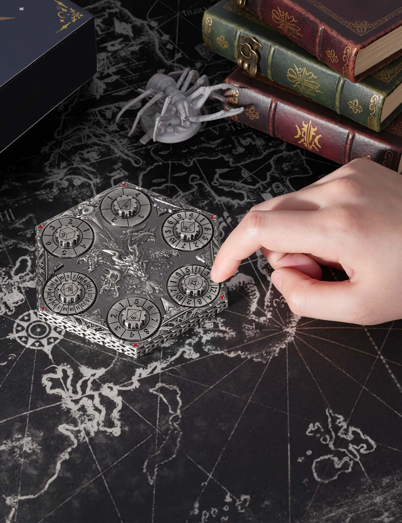 Banloga black box packaging secures the dice set and accessories.