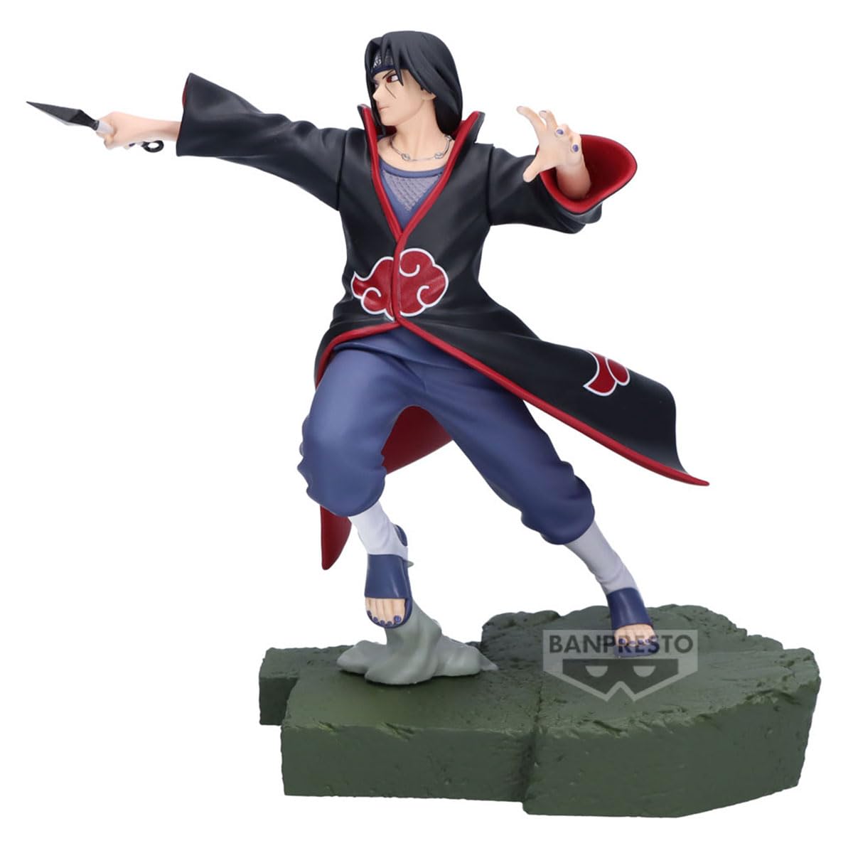 Banpresto Itachi Uchiha packaged with Bandai Namco licensing label.