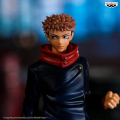 Banpresto Yuji Itadori figure side view, showcases detailed sculpt and dynamic silhouette.