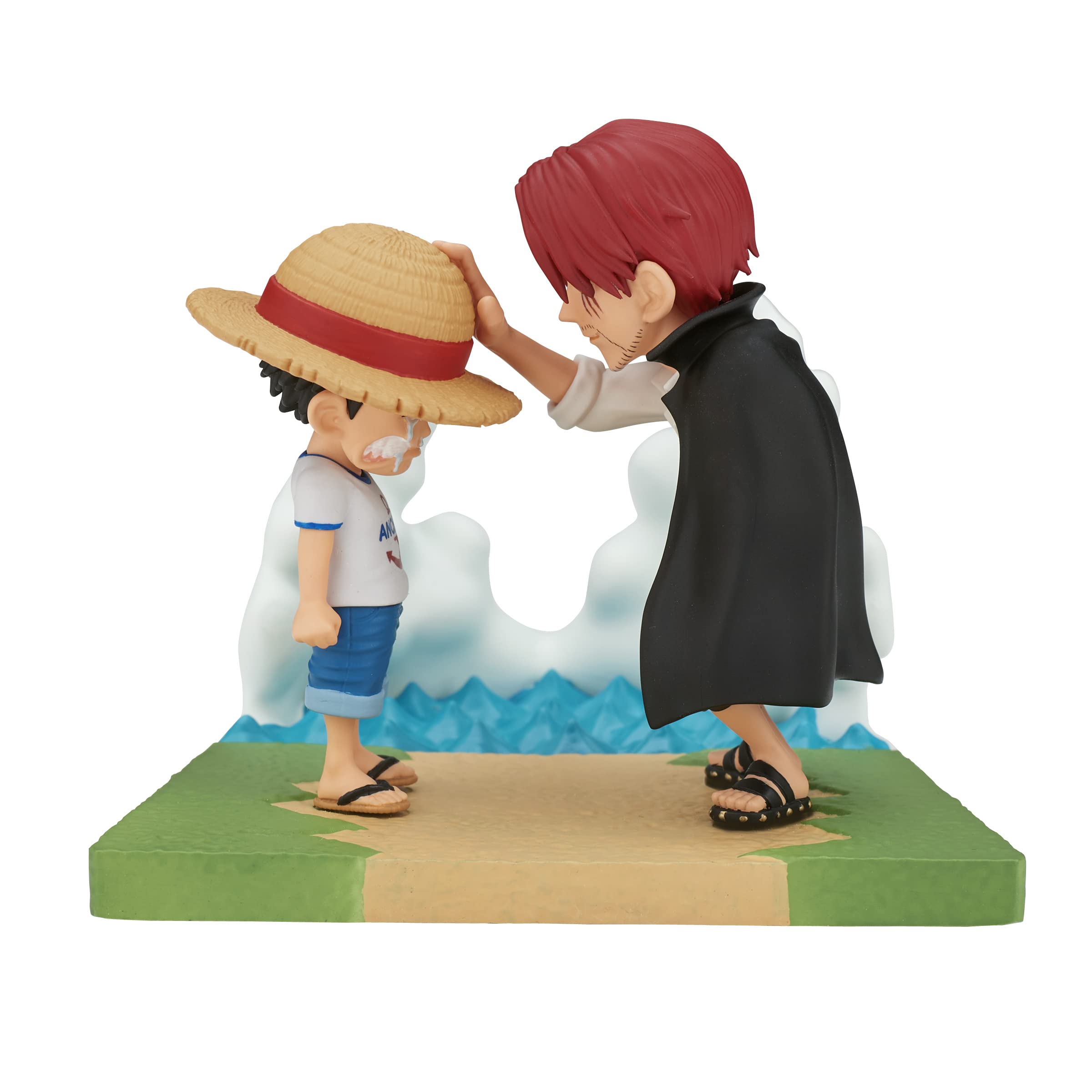 Banpresto Log Stories Luffy and Shanks figure on display shelf for anime fans.