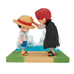 Banpresto Log Stories Luffy and Shanks figure on display shelf for anime fans.