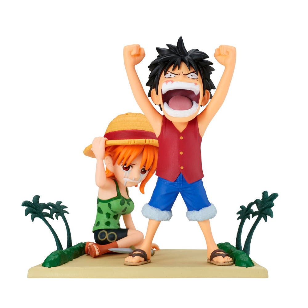 Banpresto One Piece Log Stories Luffy & Nami figure in 2.8-inch scale for compact display.
