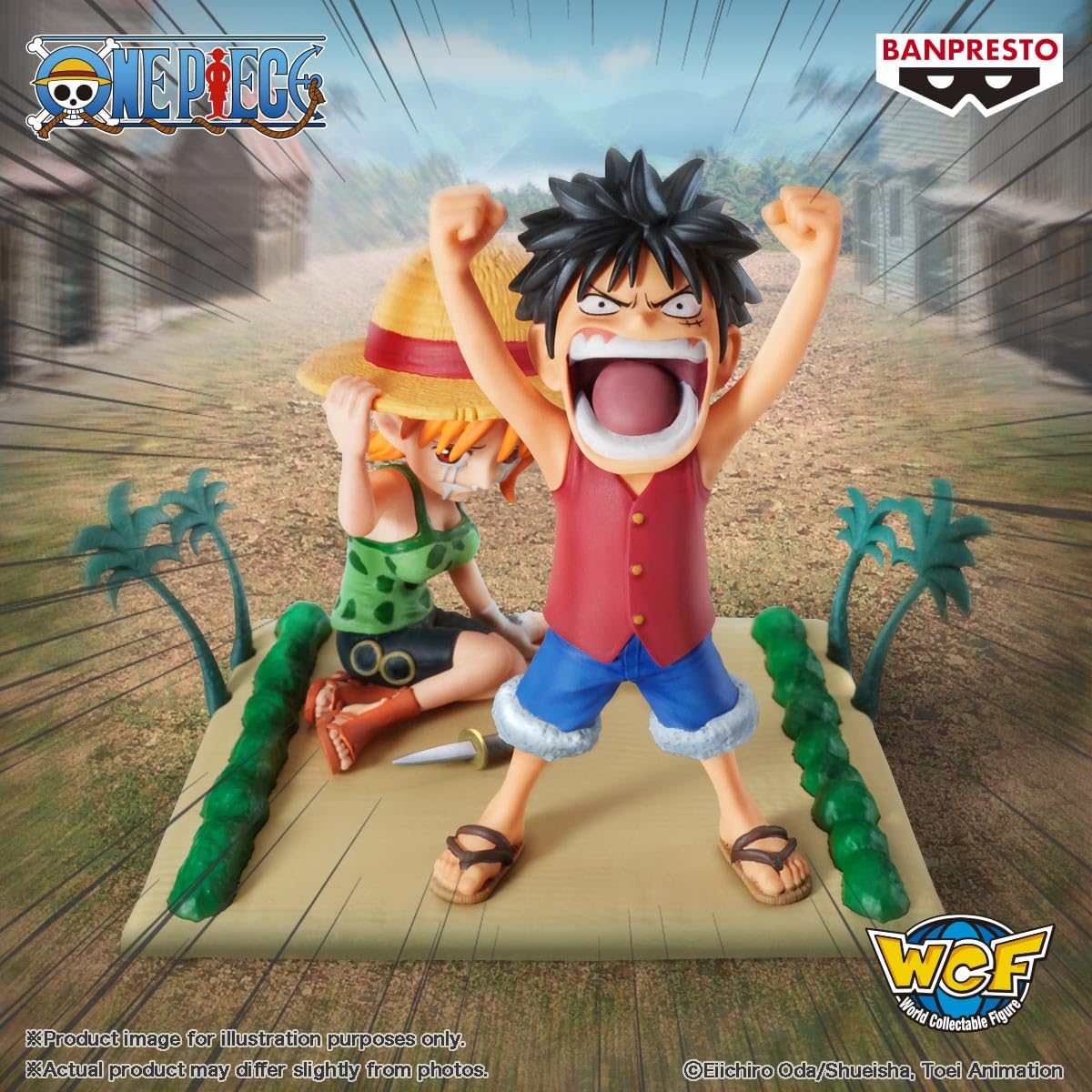 Iconic Luffy and Nami scene captured for shelf display in Banpresto Log Stories.