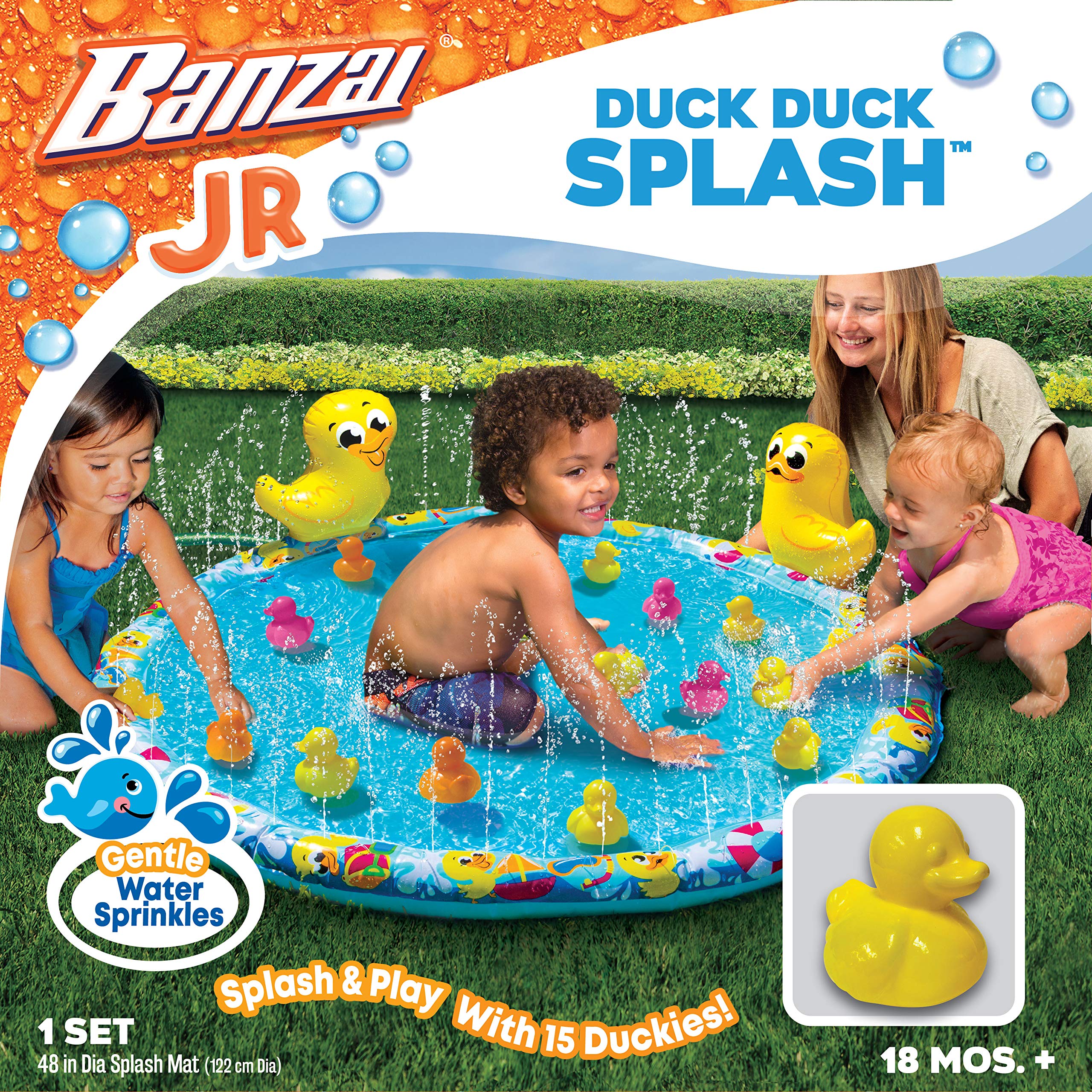 BANZAI Duck Splash continuous water-sprinkling rim for refreshing outdoor play.