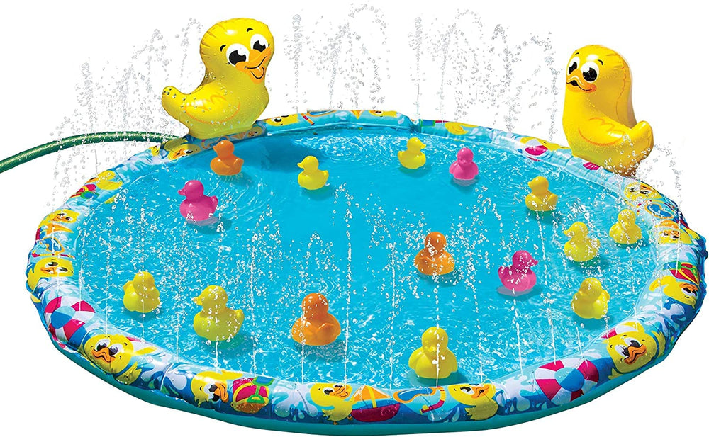 BANZAI Duck Splash inflatable mat with 15 duckies for water play.