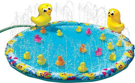 BANZAI Duck Splash inflatable mat with 15 duckies for water play.