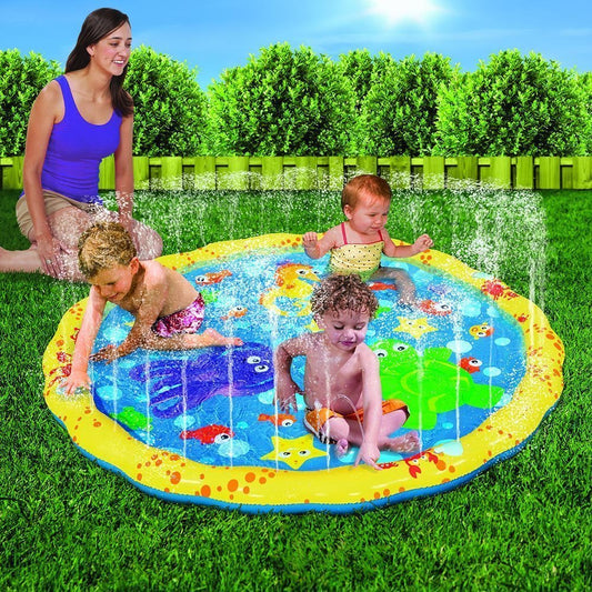 BANZAI sprinkler mat shown with garden hose attachment for quick setup.