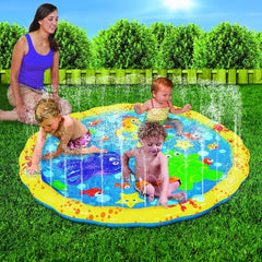 BANZAI sprinkler mat shown with garden hose attachment for quick setup.