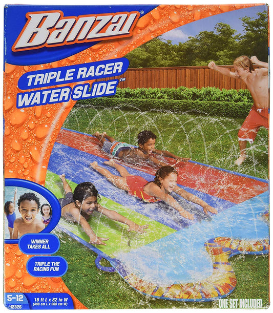 Banzai triple racer splash pool with three racing lanes.