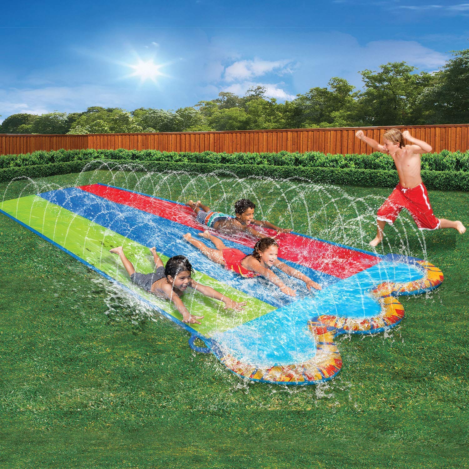 Banzai water-spraying bumper adds splash during play.