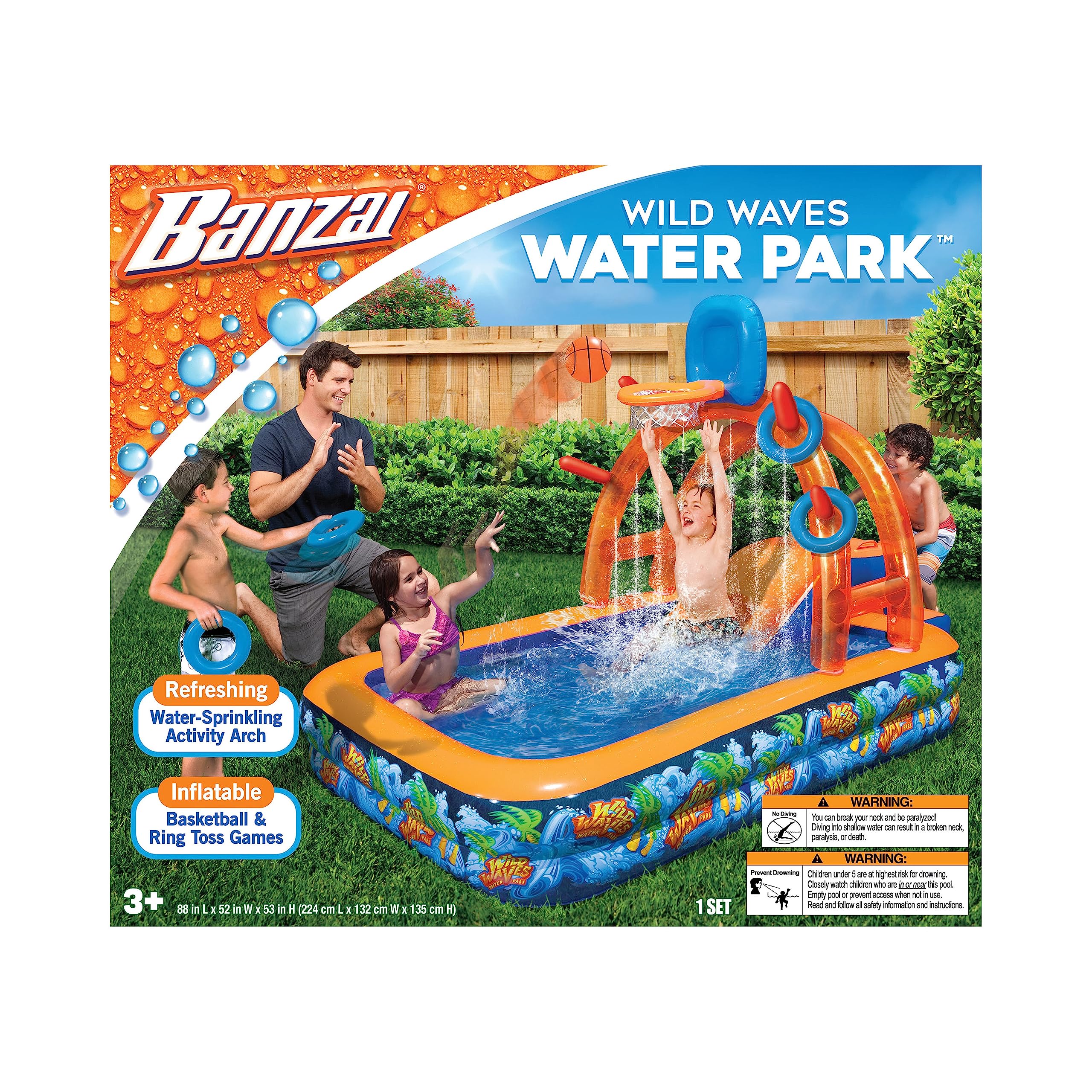 BANZAI Wild Waves arch with basketball hoop for backyard fun.