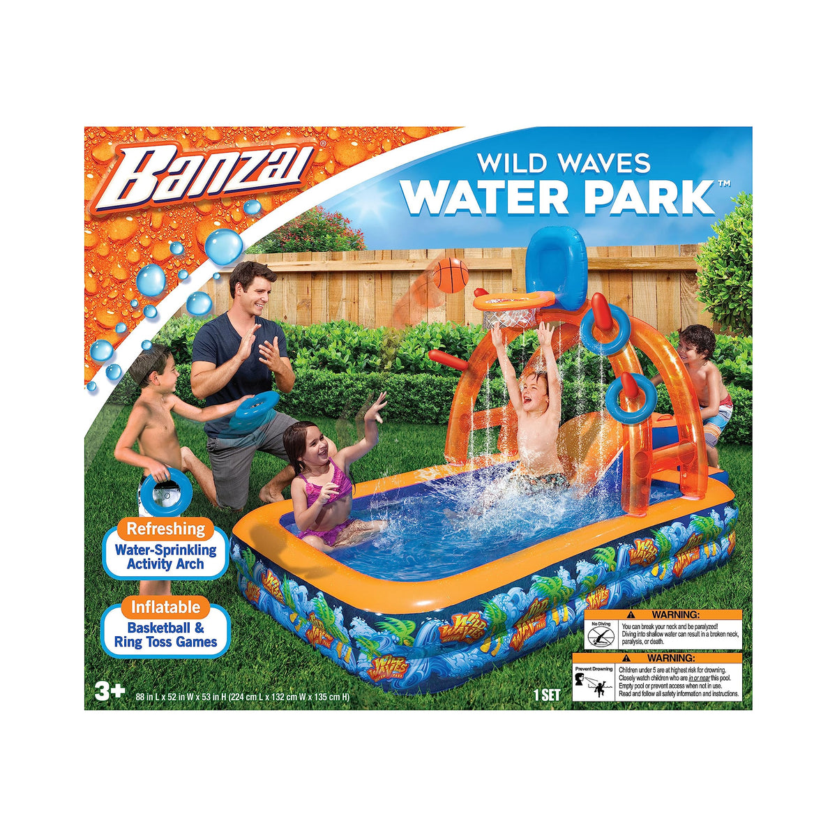 BANZAI Wild Waves arch with basketball hoop for backyard fun.