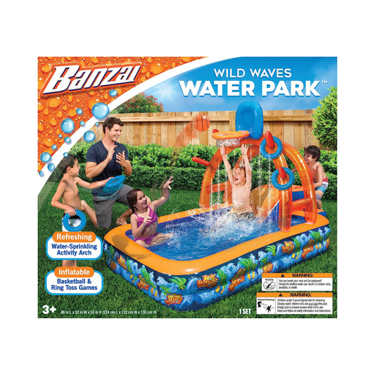 BANZAI Wild Waves arch with basketball hoop for backyard fun.