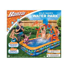 BANZAI Wild Waves arch with basketball hoop for backyard fun.