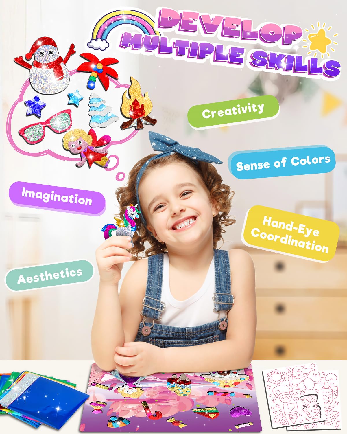 Baobrava Foil Art Kit stickers boost creativity and fine motor skills during craft.