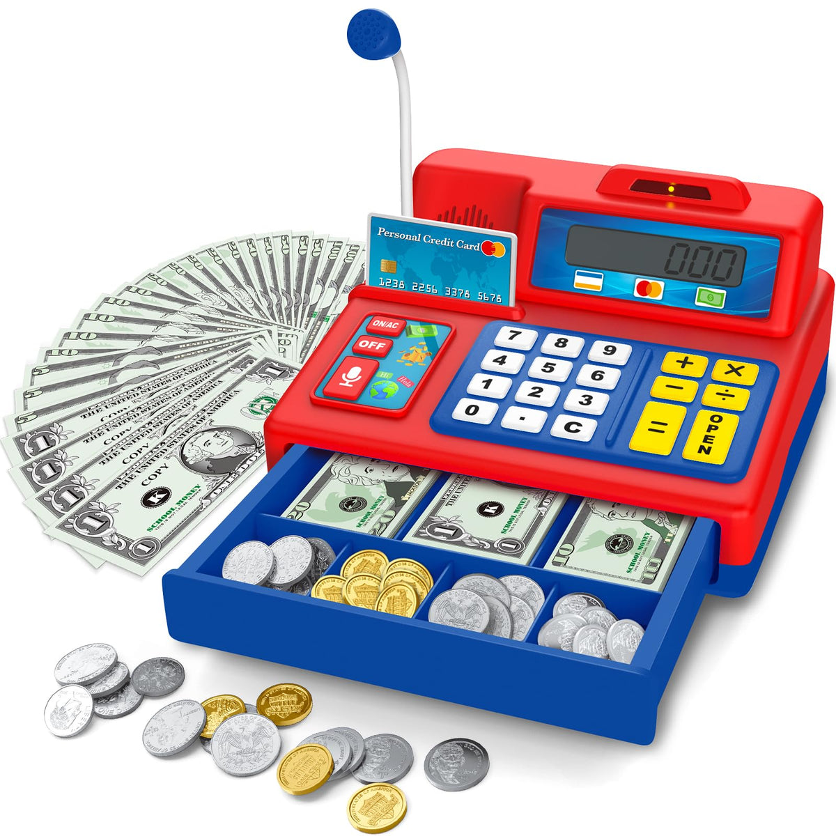 BAODLON calculator cash register with open drawer and lights for interactive pretend shopping.