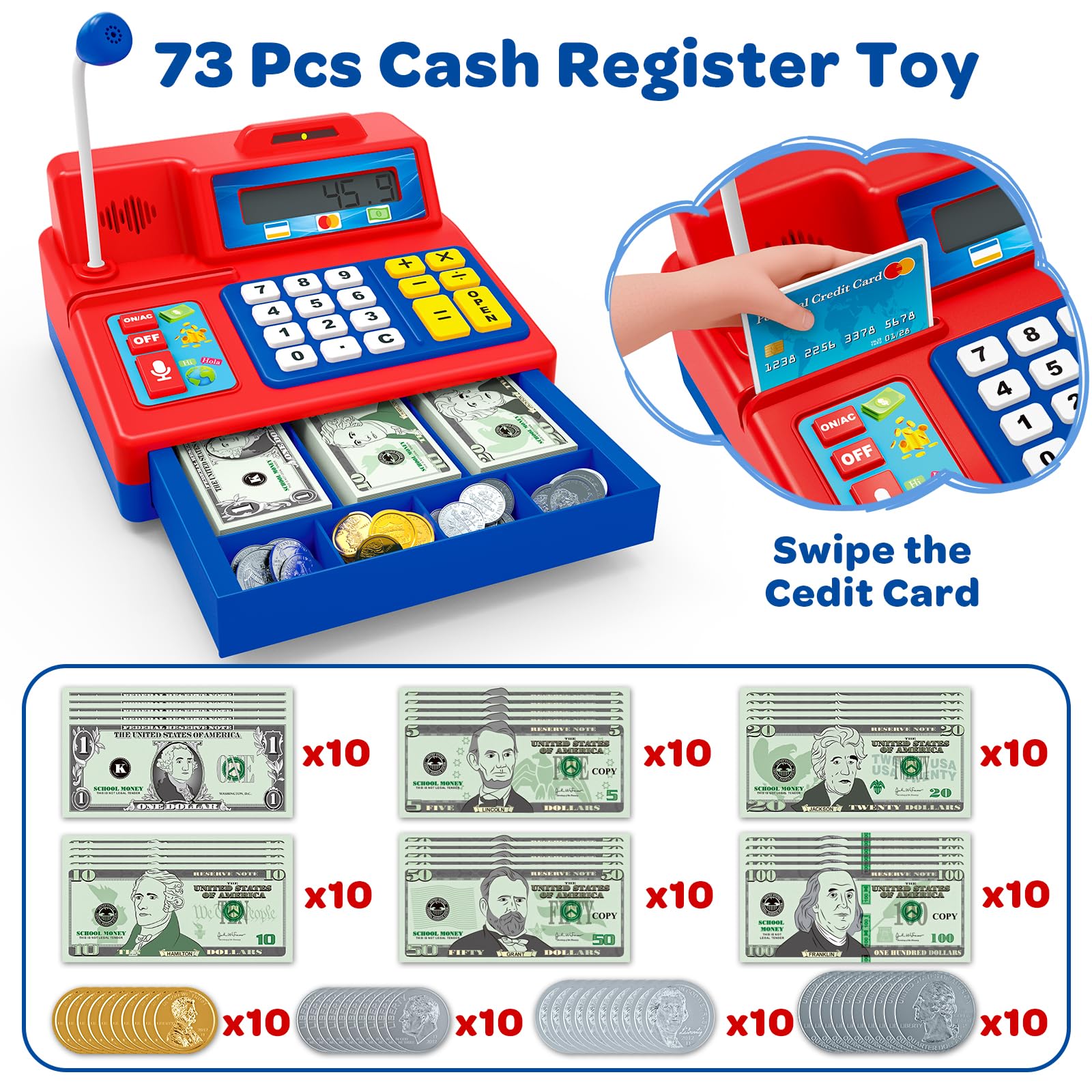 BAODLON cash register with microphone and sound effects enhances role play.