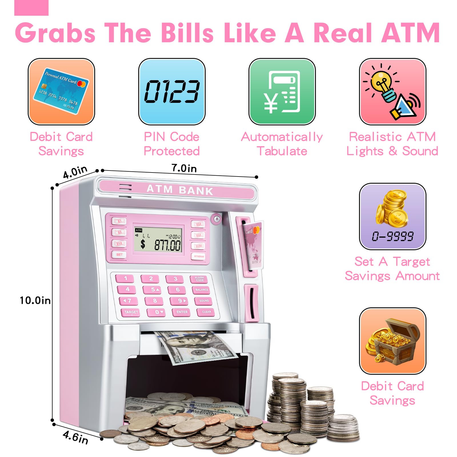 BAODLON coin recognition feature counts coins as deposits for kids.