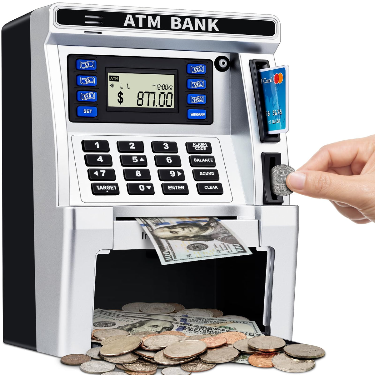 BAODLON piggy bank front view, a realistic ATM design for saving money.