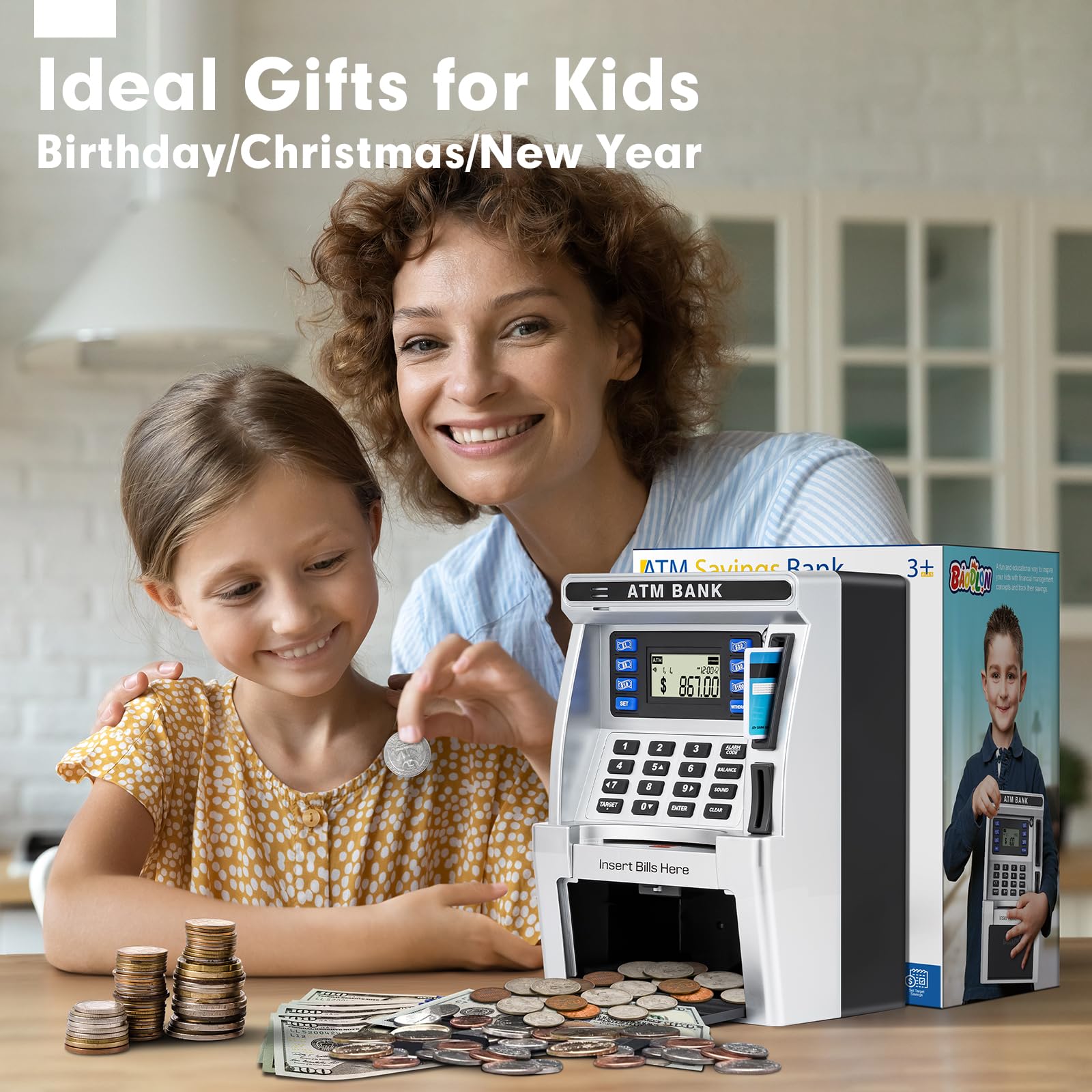 BAODLON kids using the ATM piggy bank to save with real money.