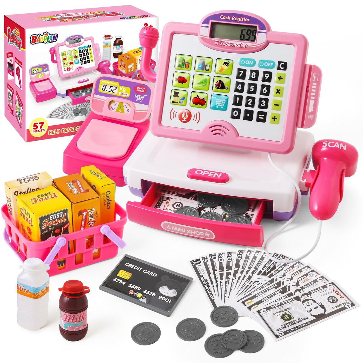 Baodlon pink cash register with microphone for pretend shopping and math play