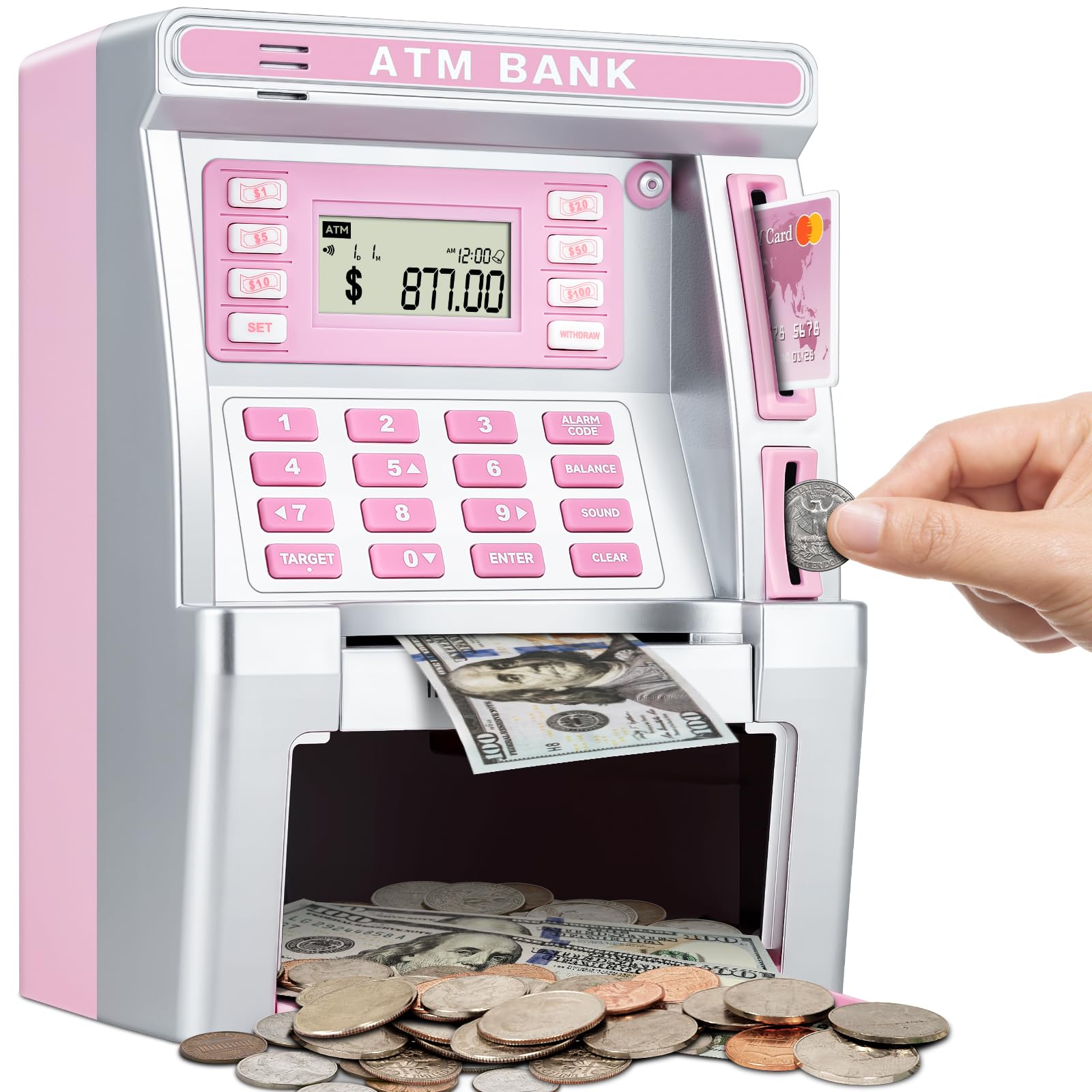 BAODLON pink piggy bank with debit card demonstrates real-money deposits for kids.