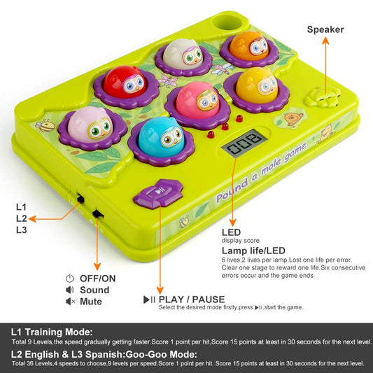 BAODLON Pound-a-Mole game side view showing soft hammers for safe play.