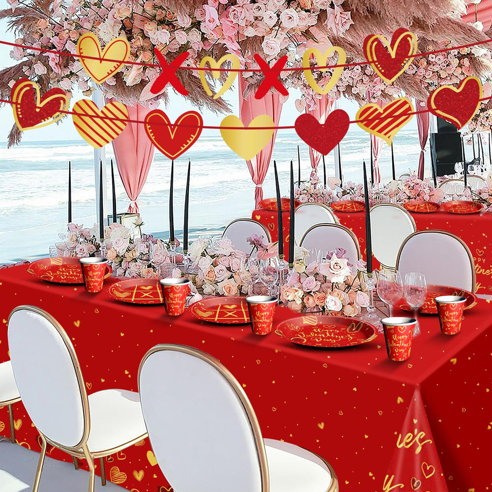 Baolaiballoon tablecloth and banner display for cohesive Valentines decor.