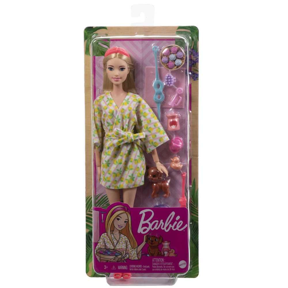 Barbie 11-jointed doll allows lifelike posing for spa time.