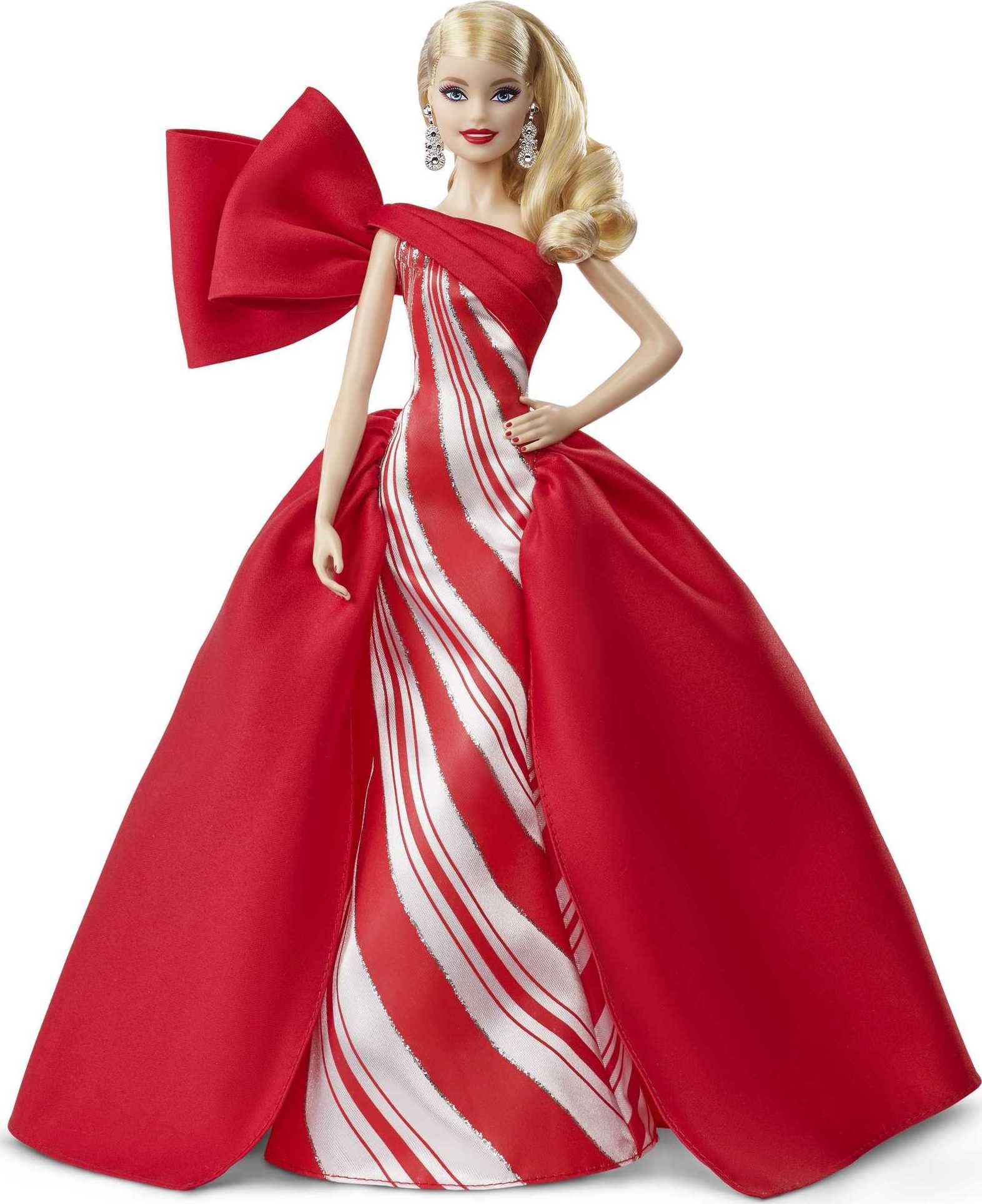 Barbie 2019 Holiday Doll in red-white gown ready for display
