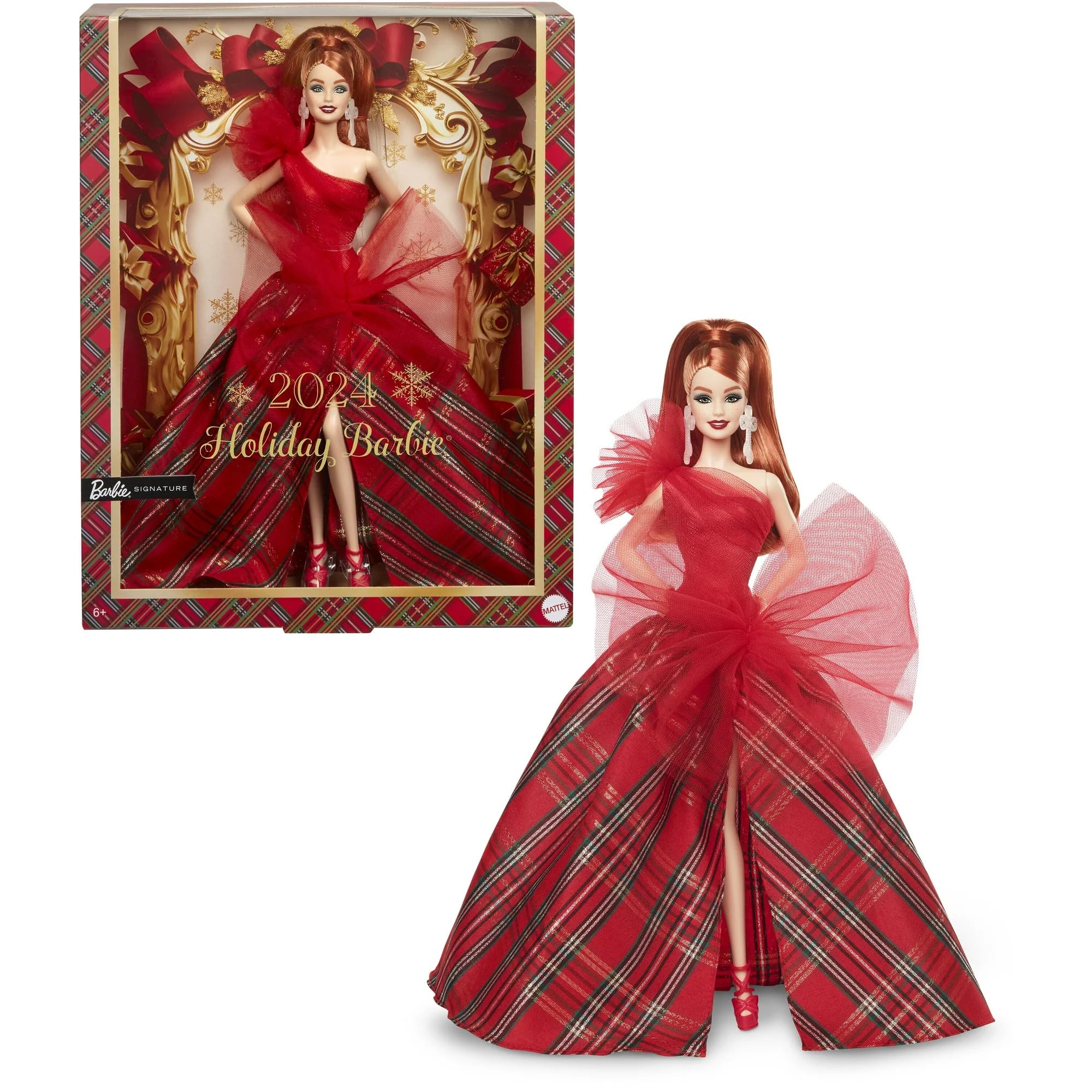 Barbie 2024 Holiday doll with plaid gown, ideal for display by collectors.