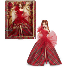 Barbie 2024 Holiday doll with plaid gown, ideal for display by collectors.