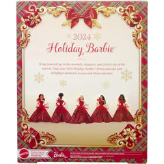 Barbie 2024 Holiday doll wearing red plaid gown, shelf display and gifting appeal.