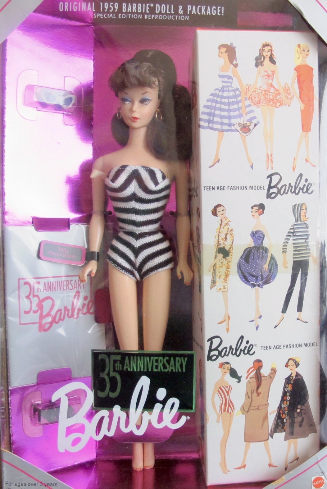 Barbie 35th anniversary brunette doll with original package for display collection.