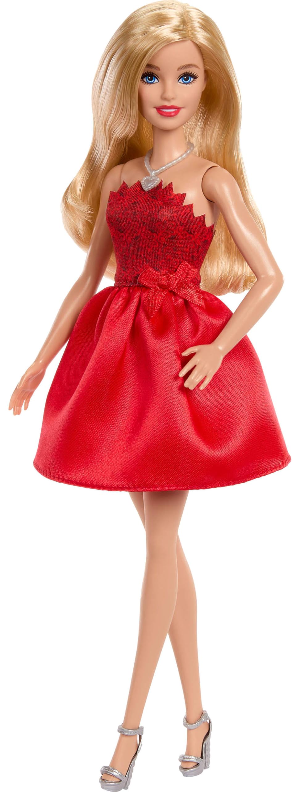 Barbie 80th anniversary ruby-red dress on display and gift-ready.