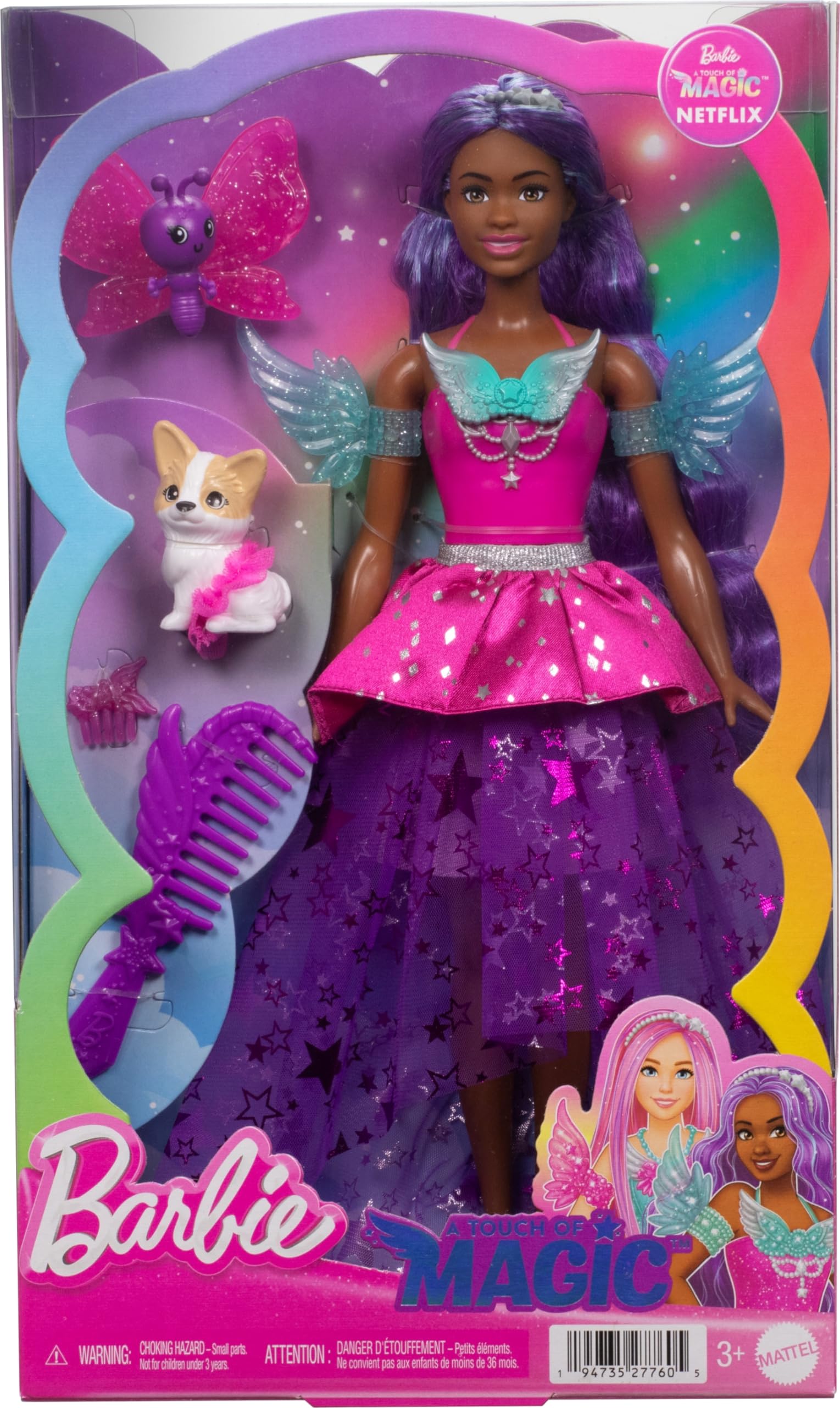 Barbie A Touch of Magic dress details highlight shimmer and star accents.