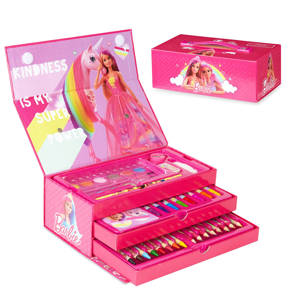 Barbie art box with drawers and a top handle for portable creativity.