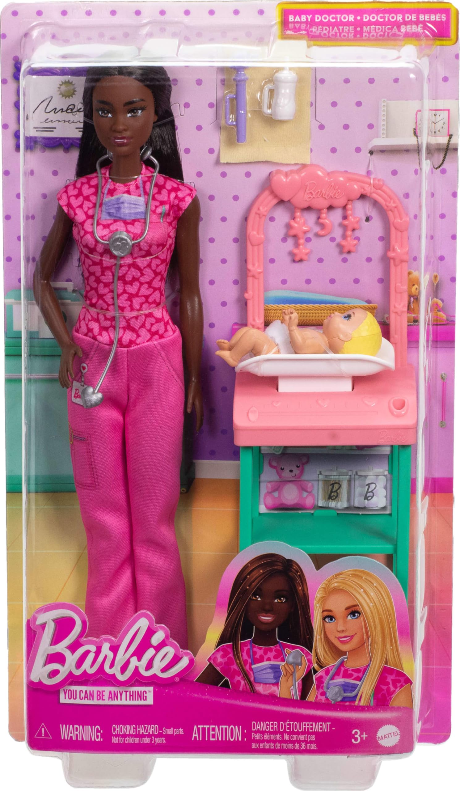 Front-view packaging highlights the Barbie Baby Doctor set for imaginative play.