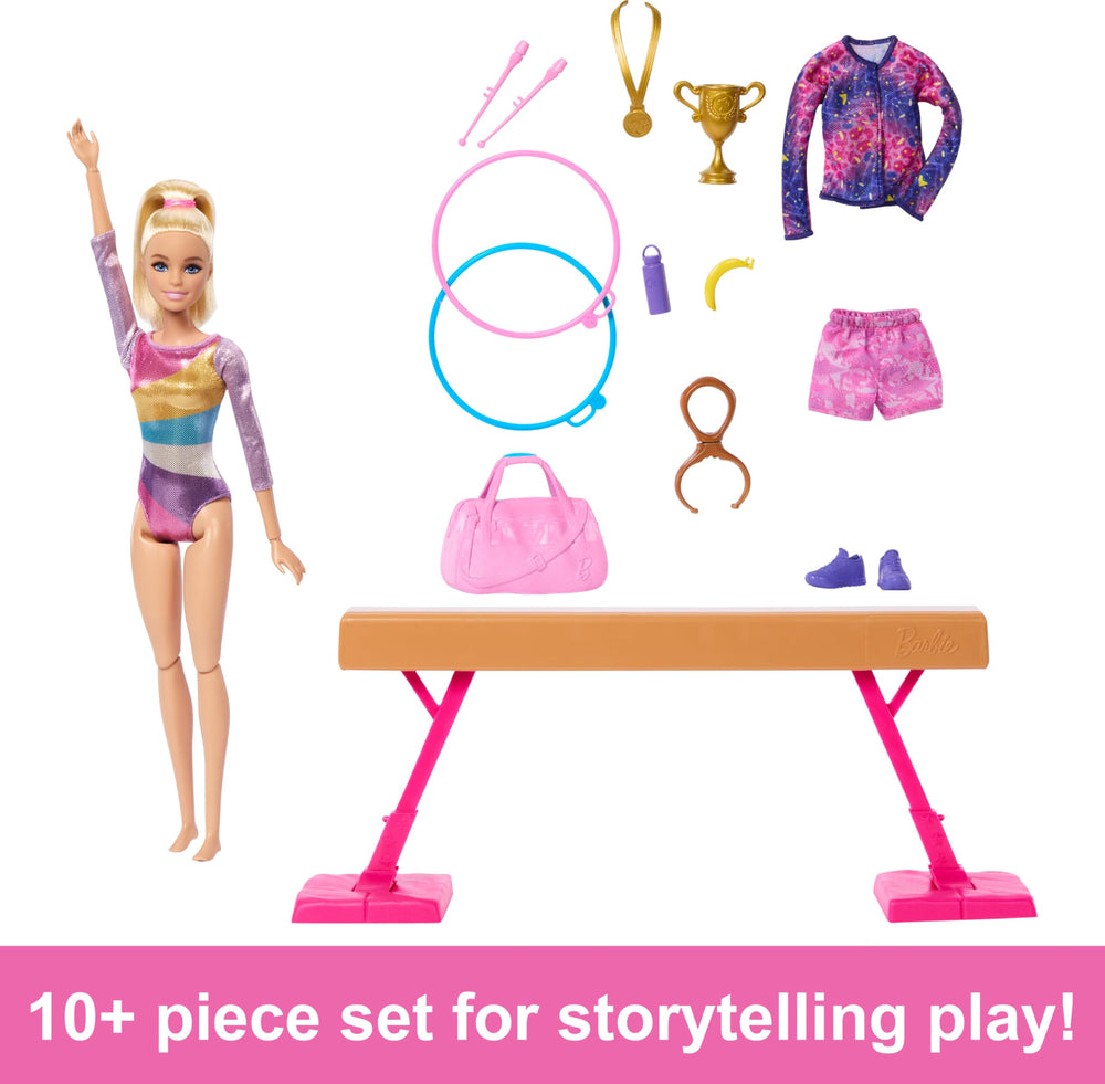 Barbie balance beam playset shown for floor routines and storytelling.