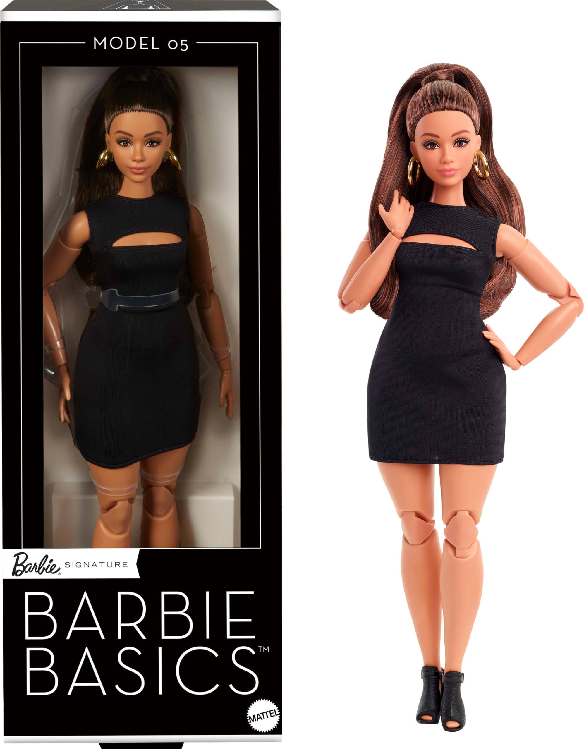 Barbie Basics Model 05 with brunette hair for flexible posing and stylish display.