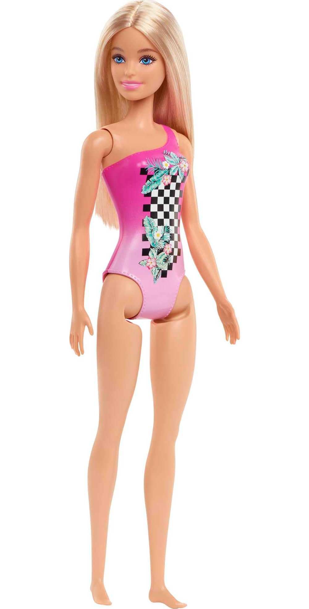 Barbie Beach Doll in pink bathing suit for imaginative seaside play.