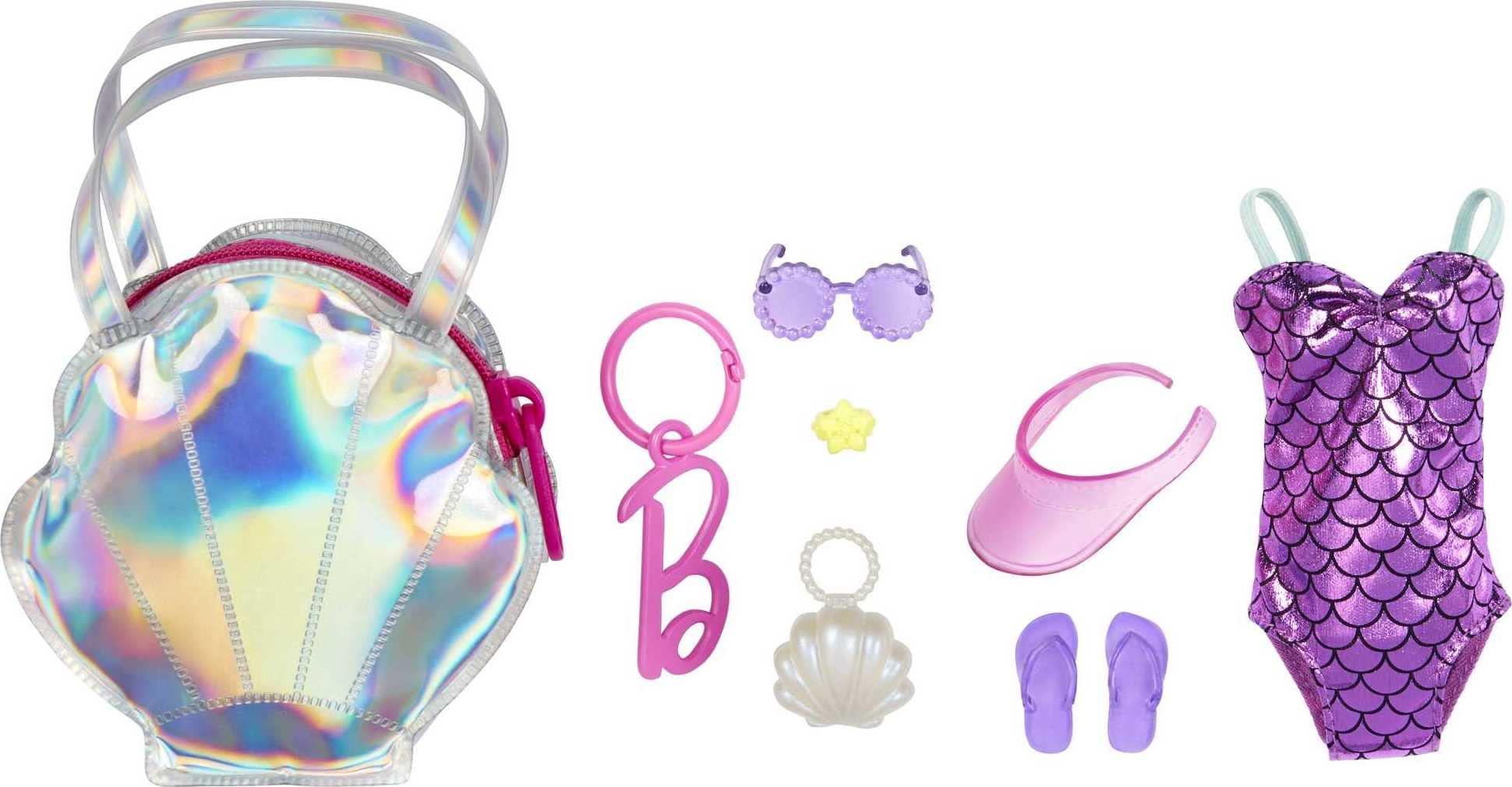 Barbie beach-theme swimsuit with iridescent shell bag for stylish seaside play