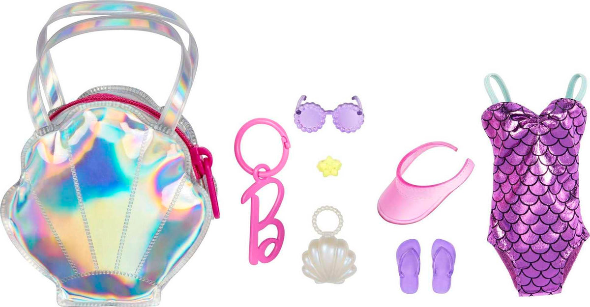 Barbie beach-theme swimsuit with iridescent shell bag for stylish seaside play
