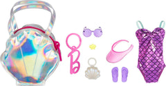 Barbie beach-theme swimsuit with iridescent shell bag for stylish seaside play